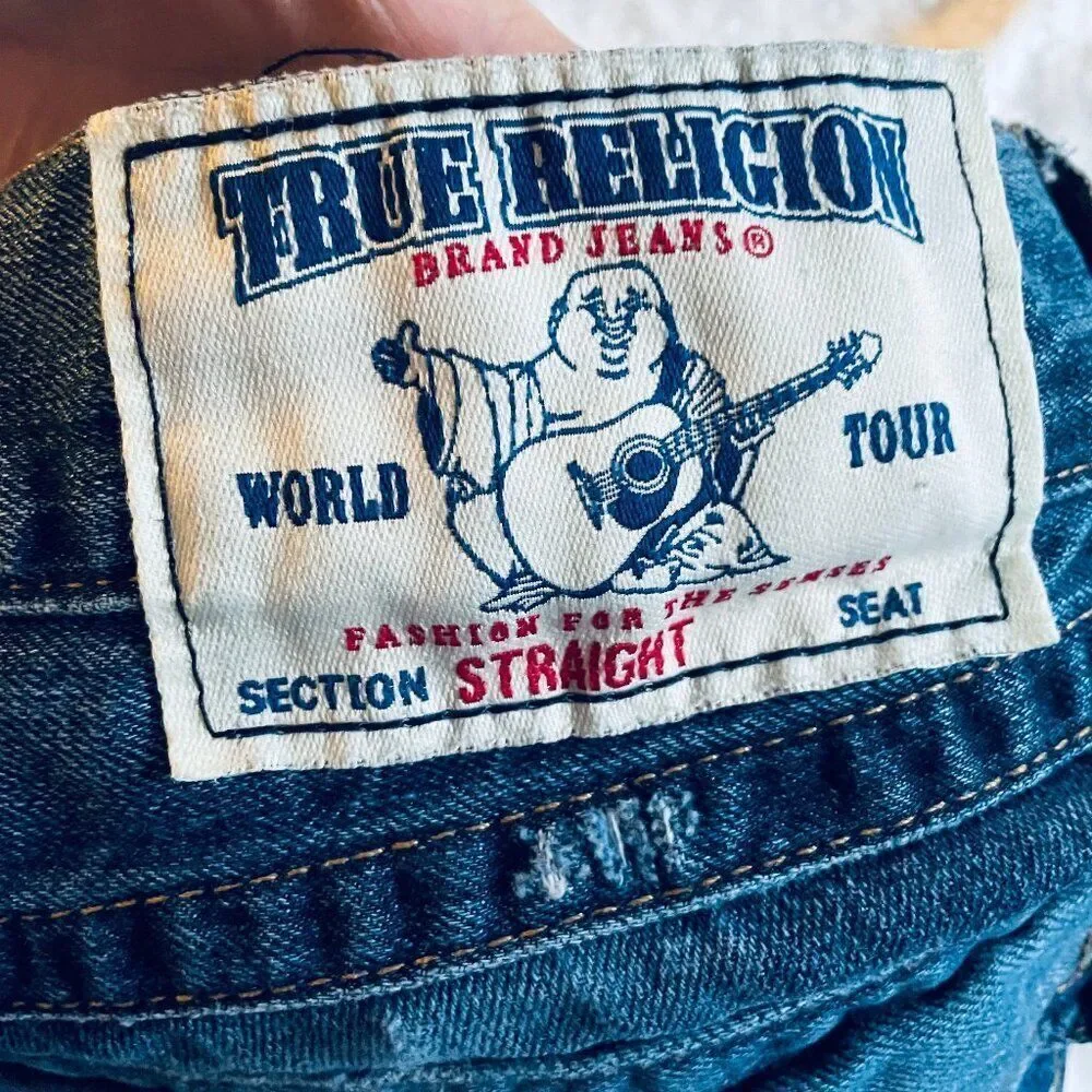 TRUE RELIGION STRAIGHT LEG MED WASH FLAP POCKET JEANS Sz 36